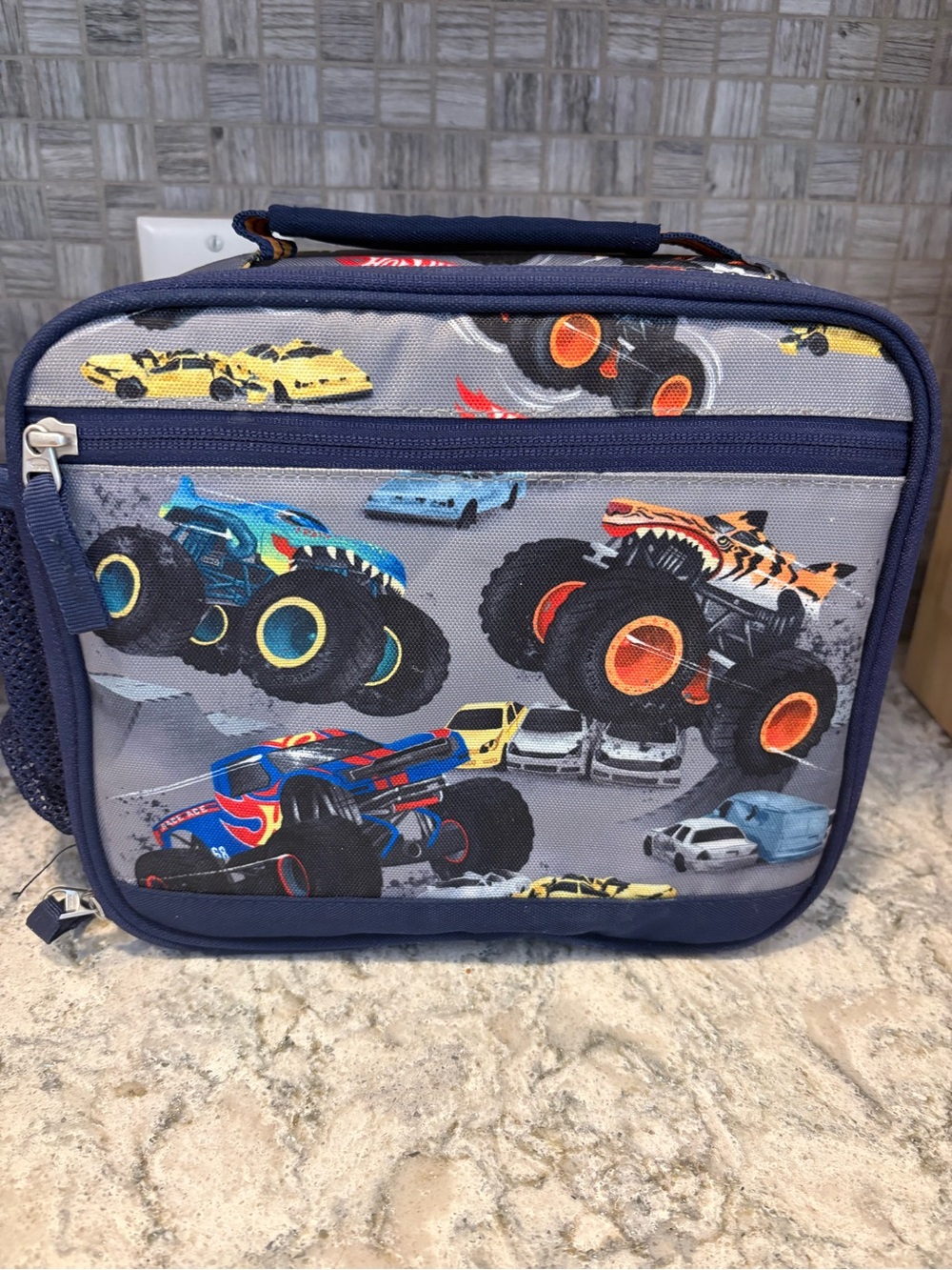 Pottery Barn Kids Navy Gray Monster Truck Lunchbox with Orange Accents